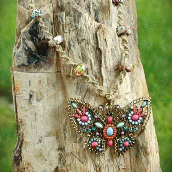 Large Multi-colored Gold Toned Butterfly on a Tan  Handmade Hemp 17" Necklace - Picture 2 of 4